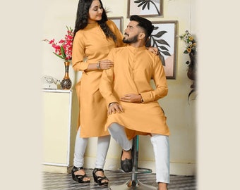 Indian Traditional Combo Dress Bollywood Inspired His & Her Kurta Pajama Latest Collection Couple Wear Jacquard Cotton Kurta Kurti Set IN