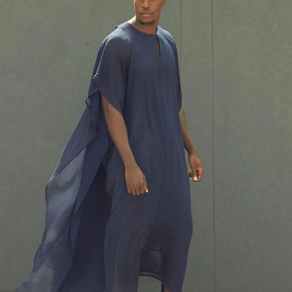 Men’s Linen Kaftan Long Sleeve Loose Fit Side Split Thobe with Pocket Casual Loungewear Spa Lightweight Tunic Moroccan Robe. SPA MAN