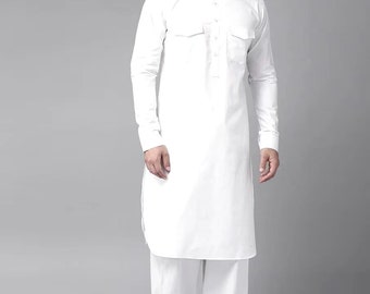 White Pathani Kurta Set In Slub Cotton, Festive Wear, Wedding Wear, Stylish Imported Pathani Suit, Cotton Multi Color Pathani With Shalwar