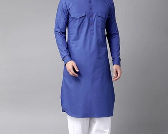Royal Blue Slub Cotton Pathani Kurta Set, Wedding Wear Cotton Solid Kurta Pajama In Blue, Designer Suit, Wedding Party Wear Handmade Suits
