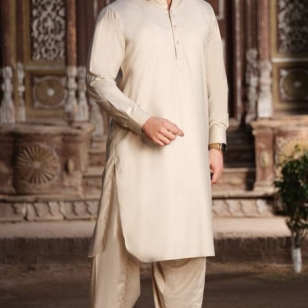 Costume kameez salwar pour homme, haut fait main avec pantalon, tenue de soirée, couleur unie, Beiga, grande taille et couleur disponible