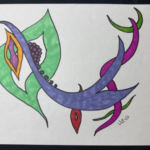 May include: A hand-drawn illustration on white paper featuring abstract, curved shapes in vibrant colors including purple, green, orange, red, and magenta. The design includes a central purple swooping form, green leaf-like elements, and small dots.