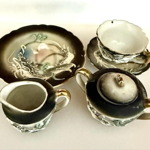 Vintage Japanese Moriage Dragonware Miniature Tea Set 5 Piece Grey White Gold