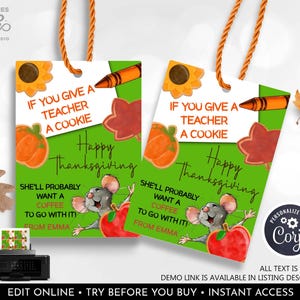 Editable Teacher Appreciation Thank you Card Thanksgiving Teacher School Staff Coworker Cookie Coffee Fall Gift Tag Printable Download THG