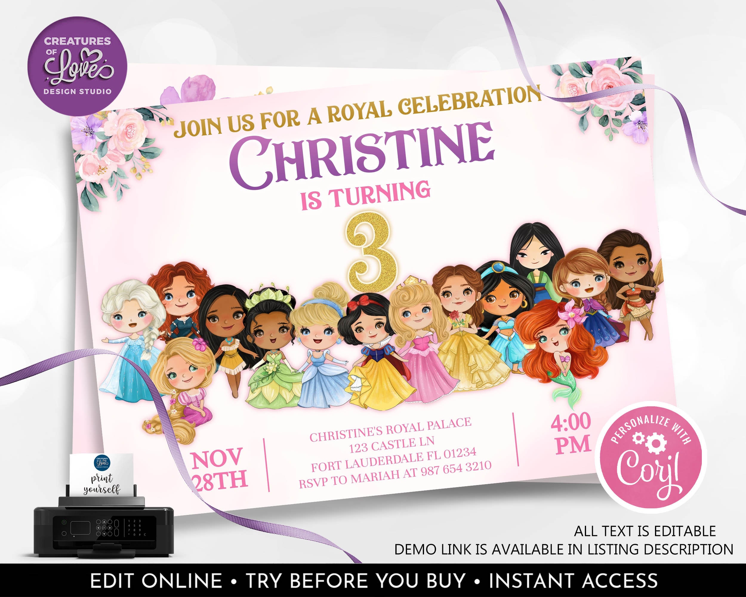 Princess Invitation Editable Princess Birthday Party Invite Royal ...