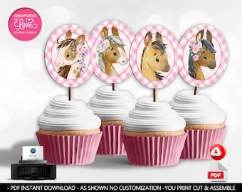 Horse Cupcake Toppers Little Pony Favor Tags Saddle Up Pony Birthday Party Decoration Pink Farm Horse Cowgirl Digital Download PRINTABLE PLP
