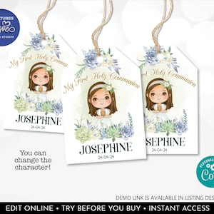 Editable First Holy Communion Favor Tags Printable Girl First Communion Gift Tag Digital Download Girl Floral Communion Thank you Tags HFC