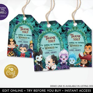 Editable Villains Favor Tags Villains Thank you Tags Evil Characters Birthday Party Tags Halloween Witch Party Decor Printable Template DWV