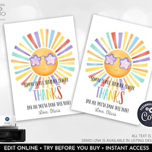 Editable Last Day of School Sunshine Tag End Year Thank you Sun Gift Tags Great Summer Teacher Printable Tag Template Digital Download SMM