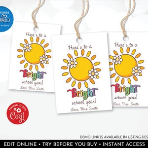 Editable Here&#39;s to a Bright School Year Tag Groovy Sun Back to School Tag First Day of School Gift Tag Teacher Staff Student Printable BTS