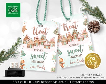 May include: A printable Christmas gift tag featuring a gingerbread house illustration with the text "A Little Treat For Someone Sweet Merry Christmas Love. Emily" and a gold star with the text "Personalize with Corjl".