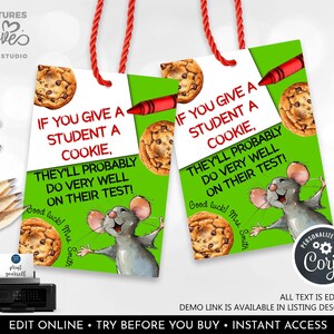Editable Testing Day Snack Tag Mouse a Cookie Good Luck Student Test Day School Finals Exams Sweet Treat Students Tag Printable Download GLT