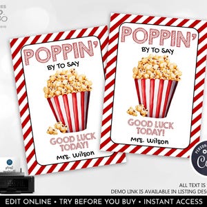 Editable Good Luck Popcorn Tag Testing Day Game Day Finals School Sports Snacks Dance Exams Treat Tags Teachers Students PTO Printable GLT