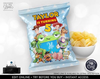 Toy Story 5 Chip Bag Wrapper Editable Toy Story Birthday Party Chip Bag Template Cowboy Space Ranger Party Favors Supplies Corjl Template TS