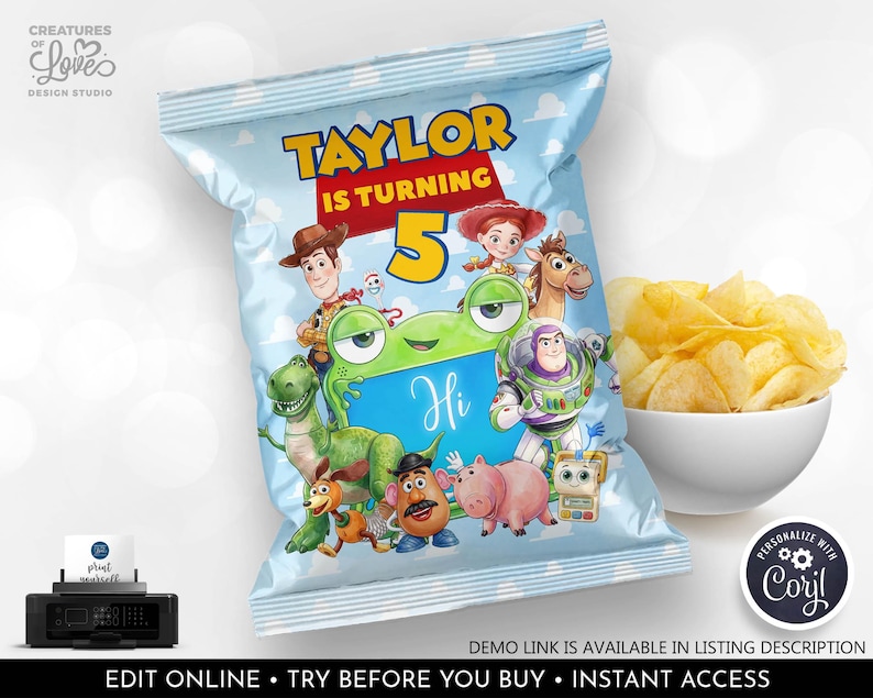Toy Story 5 Chip Bag Wrapper Editable Toy Story Birthday Party Chip Bag Template Cowboy Space Ranger Party Favors Supplies Corjl Template Toy Story Party Favors Toy Story Party Party Bag Toy StoryTemplate Toy Story Potato Chip Toy Story Printable Toy Story Baby Shower Toy Story Watercolor Toy Story Invitation Toy Story Logo Toy Story Labels Toy Story Bag