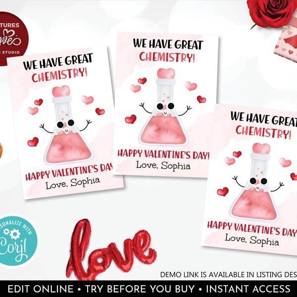 Editable Valentine's Day Cards Good Chemistry Valentines Card School Kids Cards Classroom Exchange Printable Personalized Valentine Tag VL