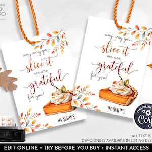 Editable Thanksgiving Gift Tags Grateful Pumpkin Pie Favor Tag Teacher Appreciation Staff Boss Bakery Fall Gift Tag Printable Download THG