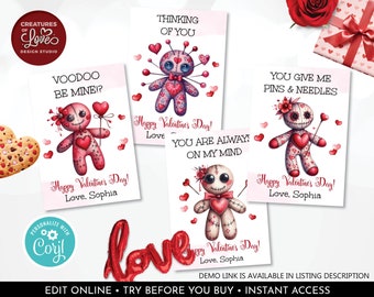 May include: Four printable Valentine's Day cards featuring voodoo dolls with hearts and pins. The text on the cards reads "Thinking of you", "Voodoo be mine?", "You give me pins & needles", and "You are always on my mind".