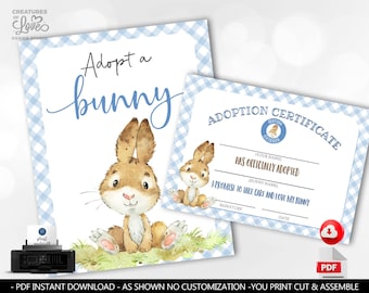 Adopt a Bunny Sign Bunny Adoption Certificate Some Bunny Adoption Party Game Blue Rabbit Birthday Party Printable Bunny Table Sign BB