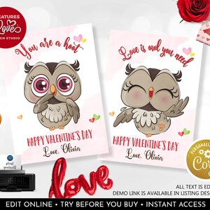 Editable Owl Valentine's Day Card Love is owl you need Kids Cards Classroom School Exchange Printable Personalized Rainbow Gift Tags VL