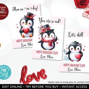 Editable Valentines Day Penguins Cards Kids Classroom School Teacher Exchange Printable Penguin Personalized Valentines Gift Tag Template VL