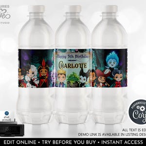 Villains Water Bottle Labels Villains Halloween Birthday Party Decor Evil Characters Party Printable Digital Download Editable Template DWV
