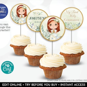 First Communion Cupcake Toppers Editable Girl First Communion Party Decor Printable Communion Tag Custom Digital Download Template Corjl HFC