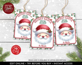 Secret Santa Gift Tag Santa Special Delivery Tag Santa Claus Favor Tags Christmas Treat Label Editable Digital Download Printable Corjl CH