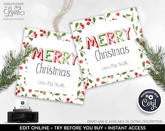 May include: Two white Christmas gift tags with the words "MERRY Christmas" in red and green, with a floral border of red berries and green leaves. The tags include the text "Love Mrs. Smith". A printer is in the lower left corner.