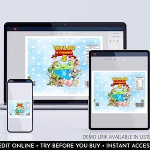 Peut inclure: Un ordinateur portable, une tablette et un smartphone affichant un mod&egrave;le num&eacute;rique d'emballage de f&ecirc;te avec des personnages de Toy Story, le texte Taylor Is Turning 5 et un ciel bleu avec des nuages. Un badge circulaire indique Personalize With Corjl.