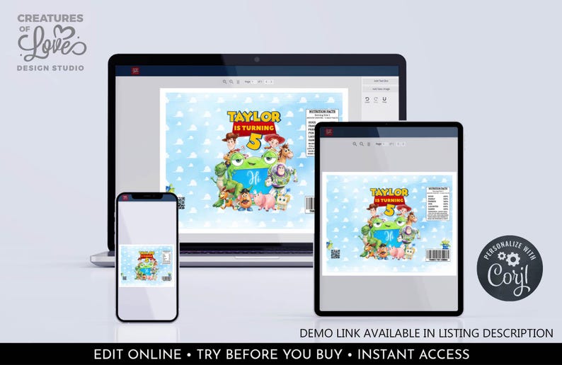 Peut inclure: Un ordinateur portable, une tablette et un smartphone affichant un mod&egrave;le num&eacute;rique d'emballage de f&ecirc;te avec des personnages de Toy Story, le texte Taylor Is Turning 5 et un ciel bleu avec des nuages. Un badge circulaire indique Personalize With Corjl.