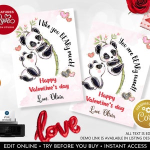 Editable Panda Valentine's Day Card Panda Bear Valentines Kids Cards Classroom School Exchange Printable Personalized Beary Gift Tags VL