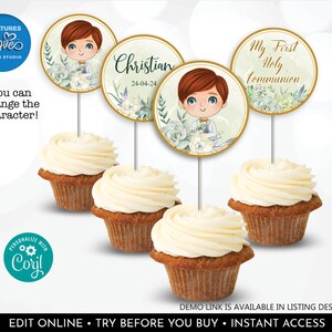 First Communion Cupcake Toppers Editable Boy First Communion Party Decor Printable Communion Tags Custom Digital Download Template Corjl HFC