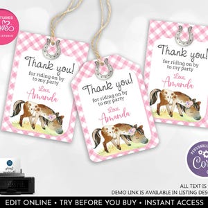 Editable Horse Favor Tag Girl Pony Birthday Party Thank You Tag Pink Floral Saddle Up Horse Gift Tag Digital Download Template Printable PLP