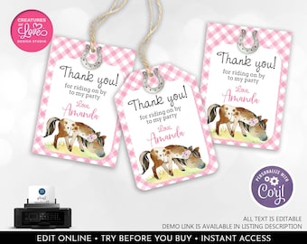 Editable Horse Favor Tag Girl Pony Birthday Party Thank You Tag Pink Floral Saddle Up Horse Gift Tag Digital Download Template Printable PLP