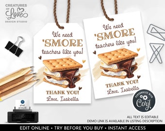 Może przedstawiać: Dwie drukowane etykiety prezentowe z grafiką s'more i tekstem "Potrzebujemy więcej nauczycieli takich jak Ty!" Dziękuję! Z miłością, Isabella.