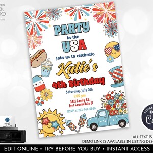 Editable 4th Of July Birthday Party Invitation Retro Groovy Party In The USA Invite Red White and Groovy  Party Digital Instant Download FJY