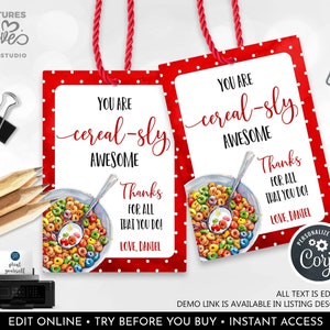 EDITABLE Teacher Appreciation Gift Tag Cereal-sly Awesome Tag Student Employee Staff Boss PTA Volunteer Coworker Friend Printable Tags SA