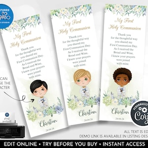 Editable First Holy Communion Bookmarks Template Boy First Communion Favor Tags Printable Holy Communion Gift Recuerdos Primera Comunión HFC