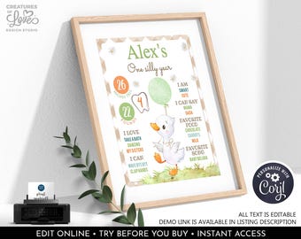 One Silly Goose Birthday Milestone Sign Editable Goose 1st Birthday Neutral Boy First Year Stats Poster Farm Digital Template Printable OSG