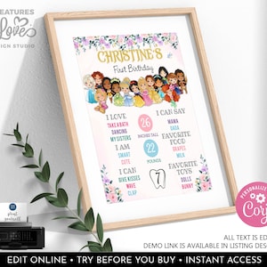 Princess Birthday Milestone Board Princess First Birthday Milestone Sign Floral Pink Birthday Party Decor Milestone TEMPLATE Download DPR