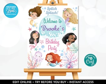 Editable Mermaid Welcome Sign Little Mermaid Birthday Sign Under the Sea Welcome Board Mermaids Party Decor Template PRINTABLE Corjl USM