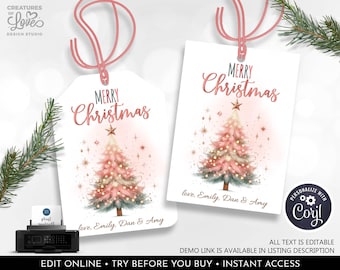 May include: Printable Christmas gift tags with a pink and green watercolor Christmas tree design. The tags say "Merry Christmas" and include space to add a name.