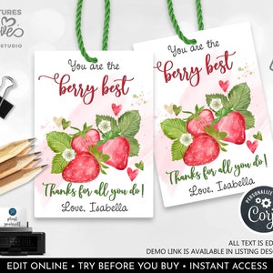 EDITABLE Teacher Appreciation Gift Tag Strawberry Gift Tag Student Employee Staff Boss PTA Volunteer Coworker Thank you Printable Tags SA