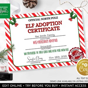 Editable Elf Adoption Certificate Santa's Official Adopt Elf Certificate Christmas Elf Certificate Digital Download Printable Template 1 CH