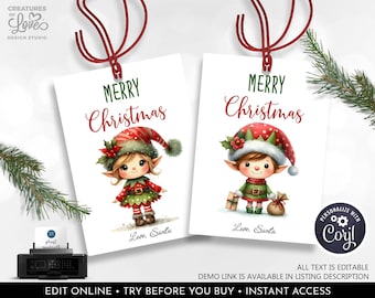 May include: Two white Christmas gift tags with red string. Each tag features a watercolor illustration of a cute elf wearing a red and green outfit and a Santa hat. The tags read "Merry Christmas" and "Love, Santa."