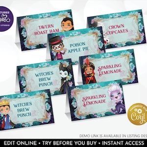 Editable Villains Food Labels Template Halloween Buffet Cards Evil Characters Party Place Cards Table Tent Printable Digital Download DWV