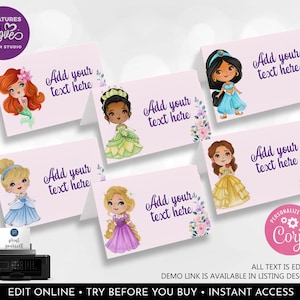 Princess Food Tent Labels Editable Princess Buffet Cards Princess Party Place Cards Template Printable Digital Instant Download Corjl DPR