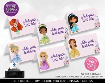 May include: Printable place cards featuring Disney princesses. Each card has a different princess illustration and the text "Add your text here".