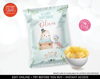 Editable Mother Goose Nursery Rhymes Chip Bag Wrapper Storybook Chip Bag Template Birthday Party Favor Printable Digital Download Corjl MGNR